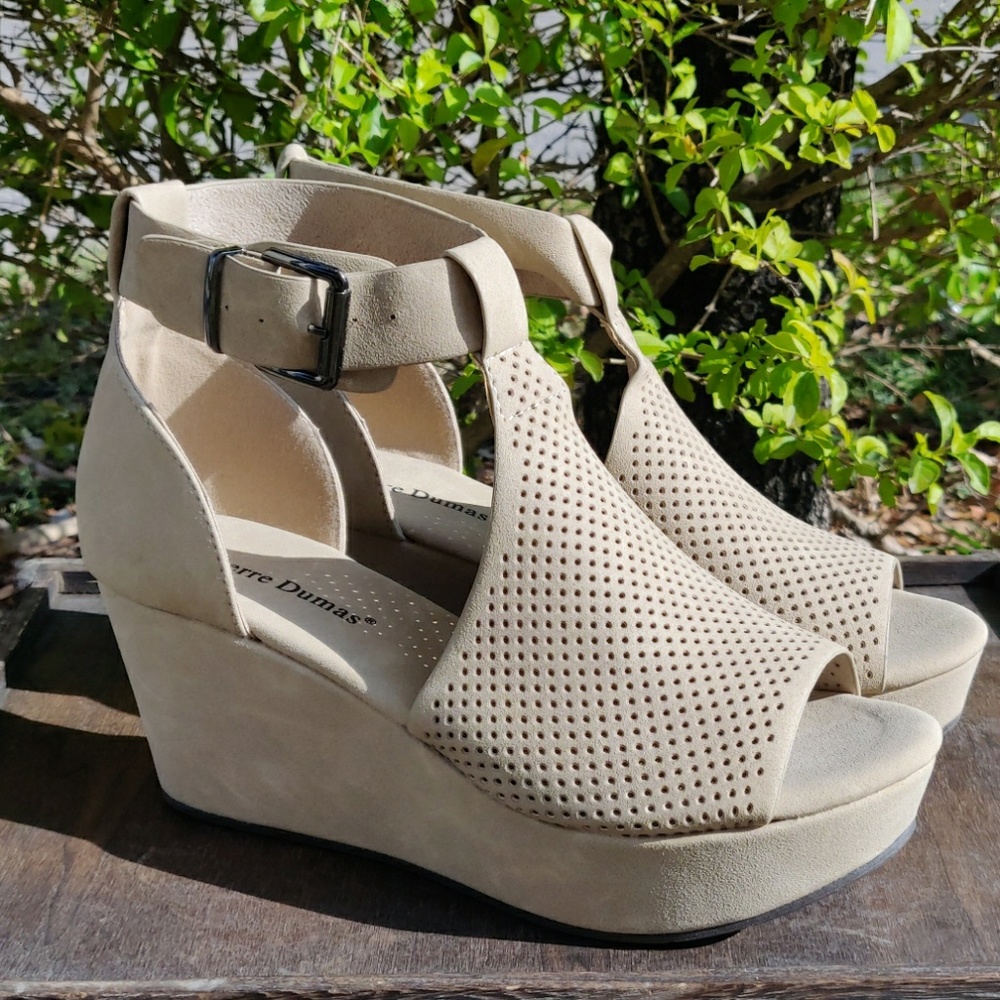 Womens Wedge Sandals Nude with Ankle Straps